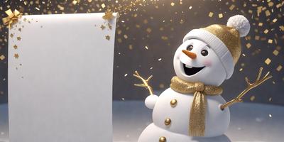 The primary subject of the image is a snowman, which is holding a piece of paper. The setting is a snowy environment, and the visual style appears to be a digital art or illustration. The dominant colors in the image are white and gold, giving the scene a warm and festive atmosphere.